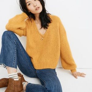 Madewell Mustard Balloon Sleeve V Neck Sweater